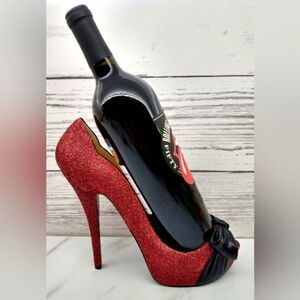 Wine Holder Red Glitter Sparkle  High Heel Stiletto Shoe Home Decor Party
